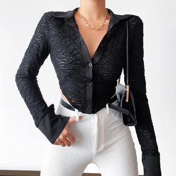 Сексуальная прозрачная открытая короткая рубашка с отложным воротником, женский однобортный топ с длинным рукавом и V-образным вырезом, весенне-осенний винтажный женский топ
