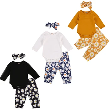 FOCUSNORM, 3 шт., комплекты одежды для маленьких девочек и мальчиков, комбинезон с длинными рукавами, штаны с принтом цветов маргаритки + повязка на голову 0-2 лет