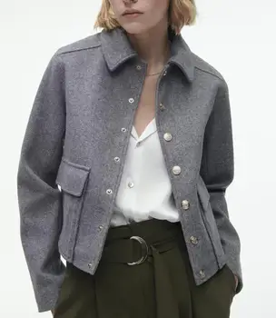 Za Весенний Новый карман с лацканами, украшенный повседневным прямым однобортным жакетом 2023, Модная женская куртка-бомбер, Британское женское пальто