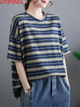 Модная хлопковая футболка в полоску с короткими рукавами, женская свободная летняя ретро-одежда 2023 года, универсальный темпераментный пуловер, простой топ