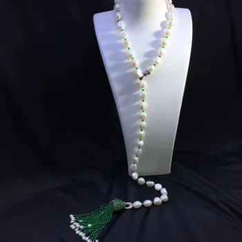 Горячая распродажа 10-11 мм белый пресноводный жемчуг в стиле барокко, ожерелье из зеленого камня, аксессуары из циркона, пряжка с головой леопарда, подвеска с кисточкой