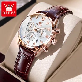 Женские часы 2023 OLEVS от ведущего бренда, Роскошные женские кварцевые наручные часы с водонепроницаемым кожаным ремешком, многофункциональные женские часы 5523