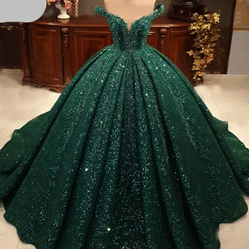 Роскошное мусульманское свадебное платье с зелеными блестками, расшитое бисером, кружевные вечерние платья с открытыми плечами, платья для выпускного вечера.