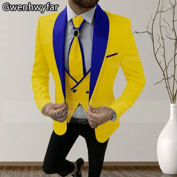 Гвенвифар 2023 Мужской костюм Тонкий смокинг жениха из 3 предметов Королевский синий воротник Индивидуальная лимонно-желтая мужская модная одежда