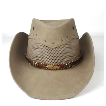 Летняя Мужская Женская ковбойская шляпа в стиле вестерн из сетчатой кожи с широкими полями, уличное сомбреро, мужская ковбойская шляпа, джазовая шляпа