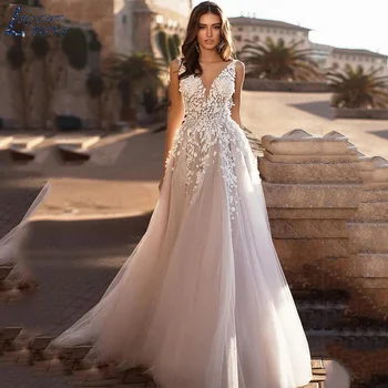 Красивое Свадебное платье с кружевной аппликацией, элегантный V-образный вырез, Открытая спина для невесты, сексуальное свадебное платье на бретельках длиной до пола