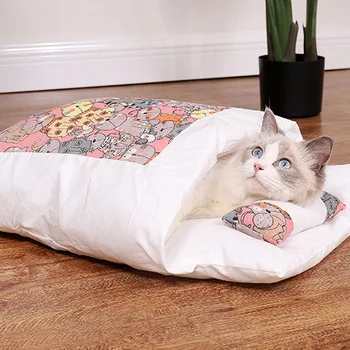 Кошачья кровать, теплый кошачий спальный мешок с подушкой, Японское гнездышко для котенка, Съемный домик-кровать для кошек, маленьких собачек, аксессуары для домашних животных