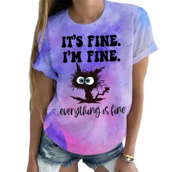 Женские футболки Summer Funny Cat It's Fine I'm Fine, Топ с 3D Принтом, Уличная одежда С круглым вырезом И Коротким рукавом, Футболка Оверсайз, Женская одежда