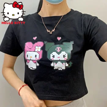 Одежда Hello Kitty, Укороченный топ, Тонкая сексуальная футболка, летние короткие футболки Sanrio Y2k для девочек, Cinnamoroll, Эстетичные Милые Аксессуары в готическом стиле