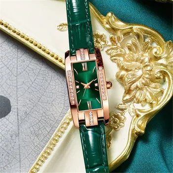 Douyin Маленькие зеленые часы с красным квадратным ремешком, женские часы с бриллиантами, модные женские часы в стиле ретро