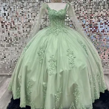 Новое Светло-Зеленое Пышное Платье 2023 Года С Кружевной Аппликацией в виде Спагетти и Шлейфа Sweet 15-16 Years Ball Party Dress Miss
