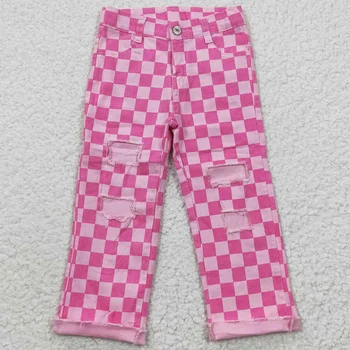 Новый дизайн джинсовых штанов в розовую клетку для маленьких девочек, джинсовые брюки-клеш для маленьких девочек, джинсовые штаны для маленьких девочек, джинсовые шорты для маленьких девочек.