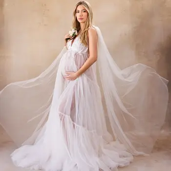 Белое тюлевое платье для беременных с запахом, женское платье для фотосессии, кружевные аппликации, платья для выпускного вечера в стиле бохо, большие размеры