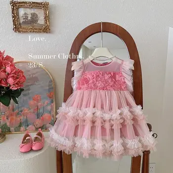 Новое летнее сетчатое праздничное платье с цветочным рисунком для маленьких девочек, сладкие платья принцессы для детей, праздничные 3-8 Т