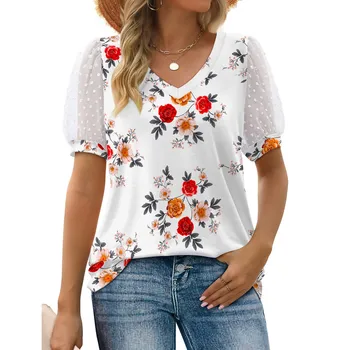 Женская повседневная футболка с цветочным принтом, Шифоновый топ с V-образным вырезом и коротким рукавом, Водолазка с имитацией шеи.