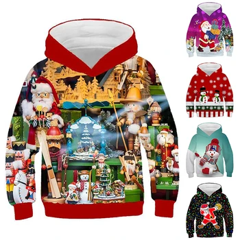 2022 Осенне-зимний детский свитер с круглым вырезом и карманами, пуловер с капюшоном, топы с принтом для мальчиков, детская винтажная рождественская одежда с длинными рукавами