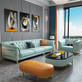 Современный Прямой Трехместный кожаный диван из воловьей кожи первого слоя для гостиной 123 Комбинированная мебель