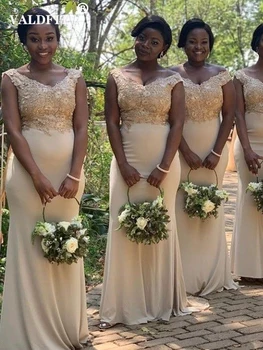 Длинные платья подружек невесты в стиле русалки цвета шампанского 2022 с открытыми плечами для африканских чернокожих девушек Vestidos De Fiesta Para Bodas