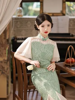 Женские Восточно-Зеленые Ципао в китайском стиле Ретро, Улучшенные Вечерние летние платья Cheongsams с Рыбьим хвостом
