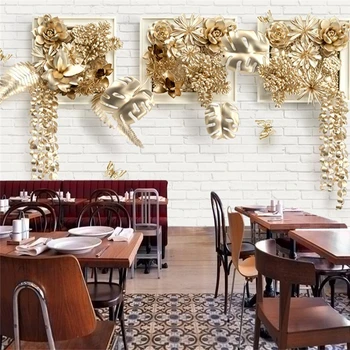 Пользовательские обои с золотым тиснением листьев 3d стерео фоторамка кирпичная стена фон стены гостиная спальня ресторан Обои