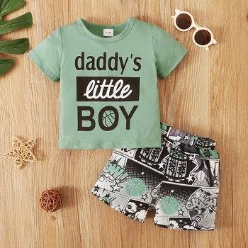 Одежда для маленьких мальчиков от 0 до 3 лет, зеленый топ + шорты с буквами, 2 шт., Одежда для младенцев, летняя модная одежда для маленьких мальчиков