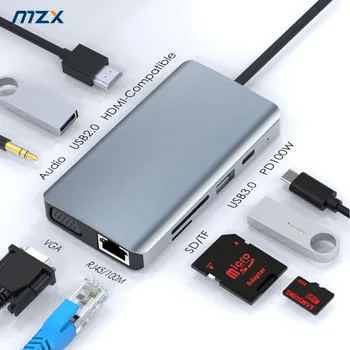 Док-станция MZX 9-в-1 4K HDMI-Совместимый VGA Аудио Type C USB-Концентратор-Разветвитель 3 0 2,0 3,0 Адаптер-Концентратор-Удлинитель Док-станции