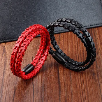 Мужской минималистичный черно-красный кожаный плетеный браслет из нержавеющей стали, кожаный браслет ручной работы
