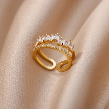 Роскошные Двухслойные Кольца с Цирконом для женщин, Позолоченное кольцо из нержавеющей стали, Тренд 2023, свадебные украшения для пальцев, анилосы