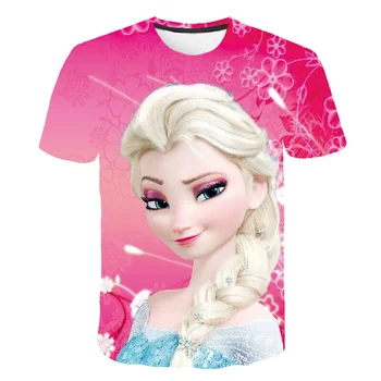 Футболки с принтом принцессы Эльзы с круглым вырезом и коротким рукавом для девочек 2023, Летние каникулы, серия Disney Frozen, футболки с принтом для девочек