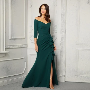 Элегантные темно Зеленые платья для матери Невесты С V образным вырезом И открытыми плечами и рукавами 3/4, Свадебные платья для вечеринок, Robe De Soirée Femme 2022