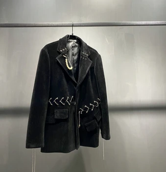Черный вельветовый костюм для тяжелой промышленности с драпировкой из иностранного воздуха, куртка, осень и зима 2023, новый костюм с лацканами, топ tide
