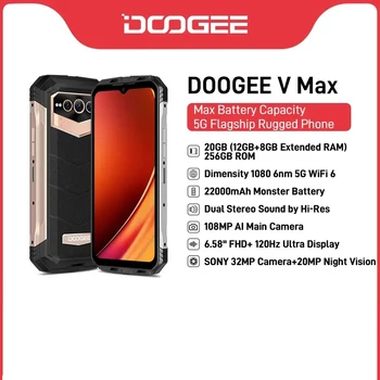 Прочный телефон DOOGEE V Max 5G 22000 мАч, 12 ГБ + 256 ГБ, мобильный телефон с камерой 108 Мп, смартфон с частотой 120 Гц, разрешение 1080, Hi-Res