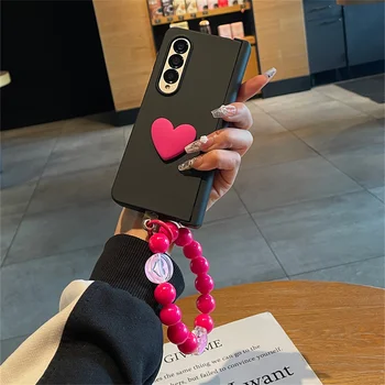 Роскошный Корейский Браслет-Цепочка из Розово-Красных Бусин 3D Love Heart Solid Case для Samsung Galaxy Z Fold4 5G Z Fold 5 Fold 5 Fold3 Cover