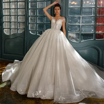 Vestido De Noiva Princesa, Сшитое на Заказ, Аппликации С коротким рукавом, Расшитое бисером, Блестящее Бальное платье Принцессы, Свадебные платья Большого размера