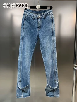 Женские джинсовые брюки CHICEVER на пуговицах в стиле пэчворк, Высокая талия, застежка-молния Сбоку, Сплошные складки, Тонкие брюки, Женская Весенняя новинка