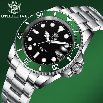 STEELDIVE SD1953 Черный циферблат Зеленый Керамический безель Автоматические часы NH35 300 м Водонепроницаемое сапфировое стекло Мужские часы для дайвинга