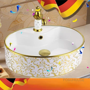 Новые Золотые Европейские Раковины для ванной комнаты Круглый Художественный таз Цвет Золотой Кухонные Раковины для мытья Керамические Умывальники для ванной комнаты Ручной умывальник