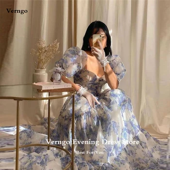 Verngo Винтажные шелковые вечерние платья с принтом, Пышные платья с короткими рукавами, Многоуровневое вечернее платье Princess Gilrs, Корейские платья для выпускного вечера