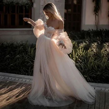 Свадебное платье трапециевидной формы JEHETH Vintage Sweetheart 2023 в стиле Бохо С длинными пышными рукавами, свадебные платья из тюля с открытой спиной, Vestidos De Novia