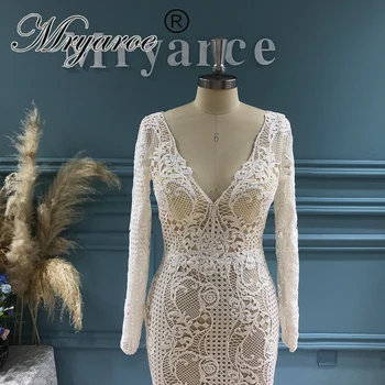 Mryarce Винтажное кружевное свадебное платье с длинными рукавами и V-образным вырезом в стиле Русалка в стиле Бохо