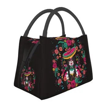 Мексиканский скелет С цветами, изолированная сумка для ланча, Портативная вышивка, Красочный термоохладитель, Сумка для ланча, Офис, Пикник, Путешествие