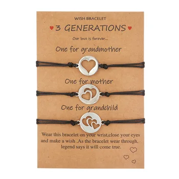 Новый браслет-открытка для мамы и дочки трех поколений, Универсальный плетеный браслет из восковой нити в форме сердца из нержавеющей стали