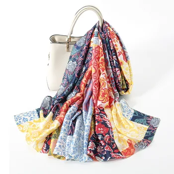 Льняной шелковый женский шарф с цветочным принтом На весну, полотенце для кондиционирования воздуха, мусульманский хиджаб, модная женская шаль, Красивое пляжное полотенце
