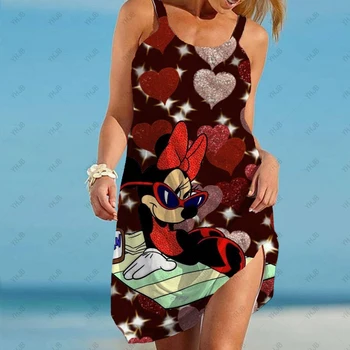 Летнее пляжное ретро-платье Disney с Минни и Микки, свободное платье без рукавов в стиле бохо, модное повседневное солнечное платье, сексуальные вечерние платья для девочек