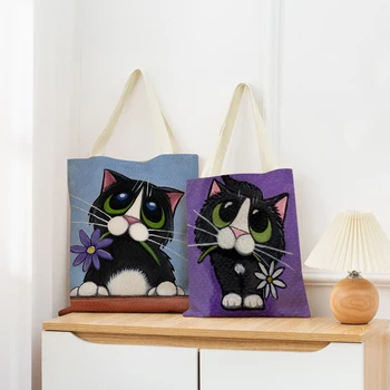 Забавная, с рисунком кота из мультфильма, эко-сумка для покупок, двусторонний принт, портативная сумка, складная, для удобного хранения на открытом воздухе.
