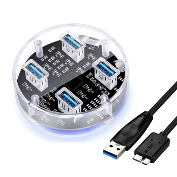 Прозрачный USB-концентратор с 4 портами USB3.0, адаптер-разветвитель, Поддержка двойного внешнего источника питания Micro USB для настольного ноутбука