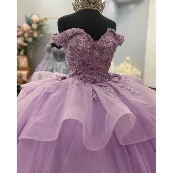 Пышные платья Принцессы сирени с открытыми плечами Vestidos De 15 Anos для вечеринки по случаю дня рождения, бальное платье с корсетом