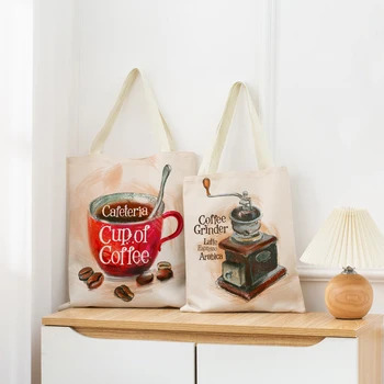Сумка для покупок с рисунком кофейных зерен, женская складная льняная сумка, переносная сумка с двусторонним принтом, Удобная сумка для хранения