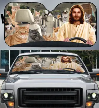 Солнцезащитный козырек на лобовое стекло автомобиля с Иисусом И котом, персонализированное забавное животное, складной Солнцезащитный козырек, солнцезащитный козырек для автомобиля SUV