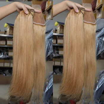 Оптовые натуральные бразильские пучки человеческих волос Virgin с кружевной застежкой, шелковые прямые золотистые светлые волосы # 27, плетение по утку, плетение по утку